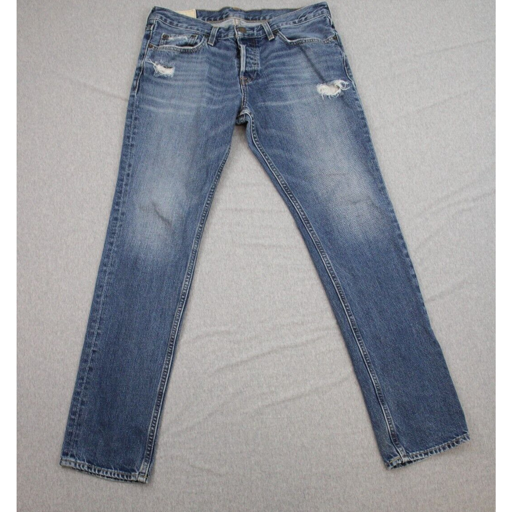 Hollister Jeans Men 32 X 32 Blue 100% Cotton Button Fly Distressed Medium Wash